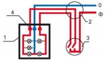Схема подключения люстры с 5 лампочками и двухклавишным выключателем: 0 — ноль; ф — фаза; 1 — люстра; 2 — коробка соединений; 3 — двухклавишный выключатель; 4 — соединительные клеммы